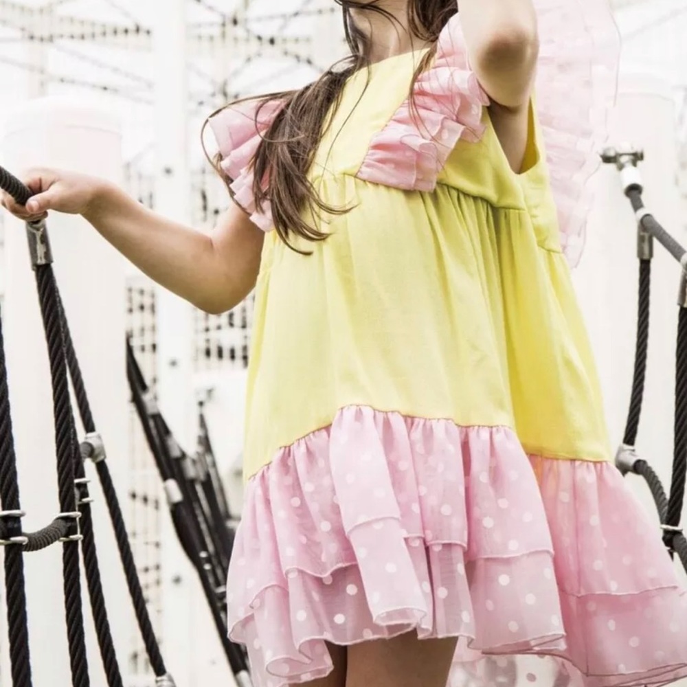 WAUW CAPOW Oline Dress Ruffle Pink and Yellow Polkadot Dress Girl’s 5-6y